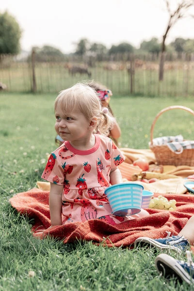 Kleid Aus Bio-Baumwolle Mit Dem Katzen & Erdbeeren Print 1 Kleid Aus Bio-Baumwolle Mit Dem Katzen & Erdbeeren Print